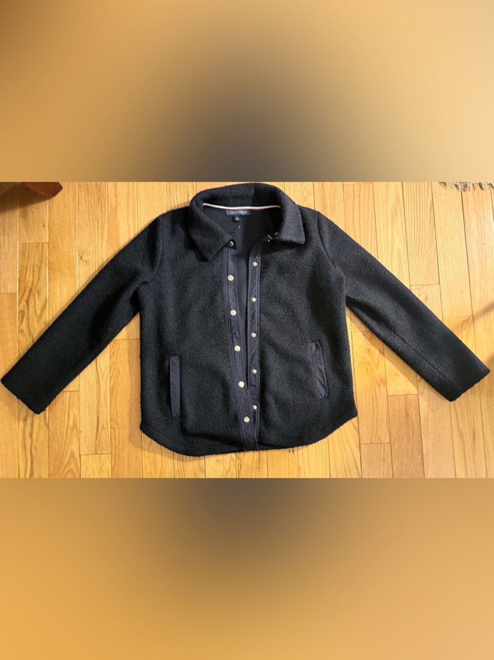 Tommy Hilfiger Navy Sherpa Jacket Gold Snap Buttons Size M Fleece Boxy